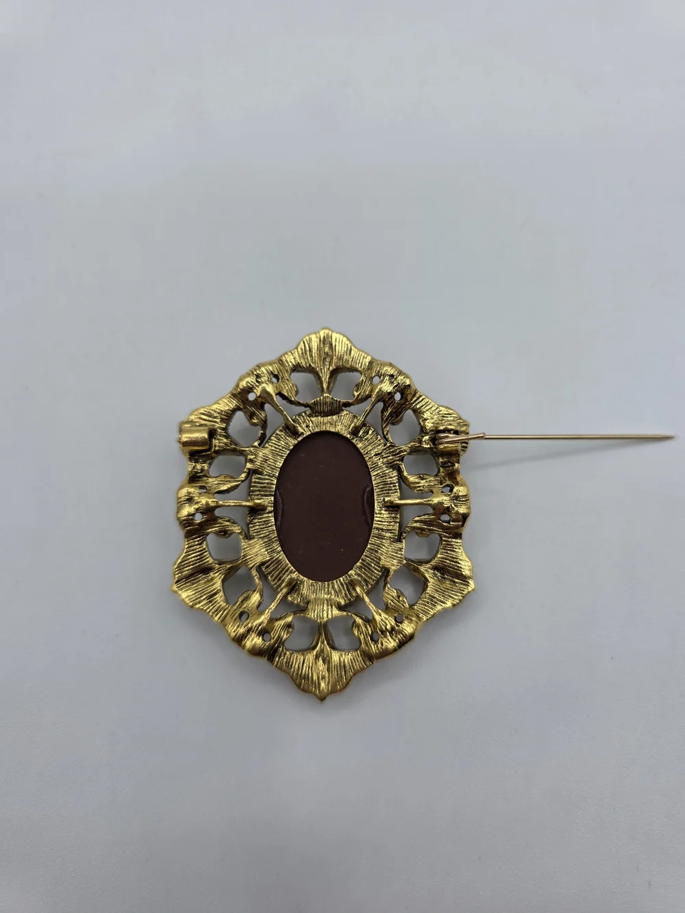 Vintage Style Cameo Brooch with Gold Filigree and Amber Crystal Accents